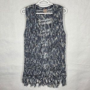 Chico's Knit Vest Open with Fringe Gray Blue Boho Size 0